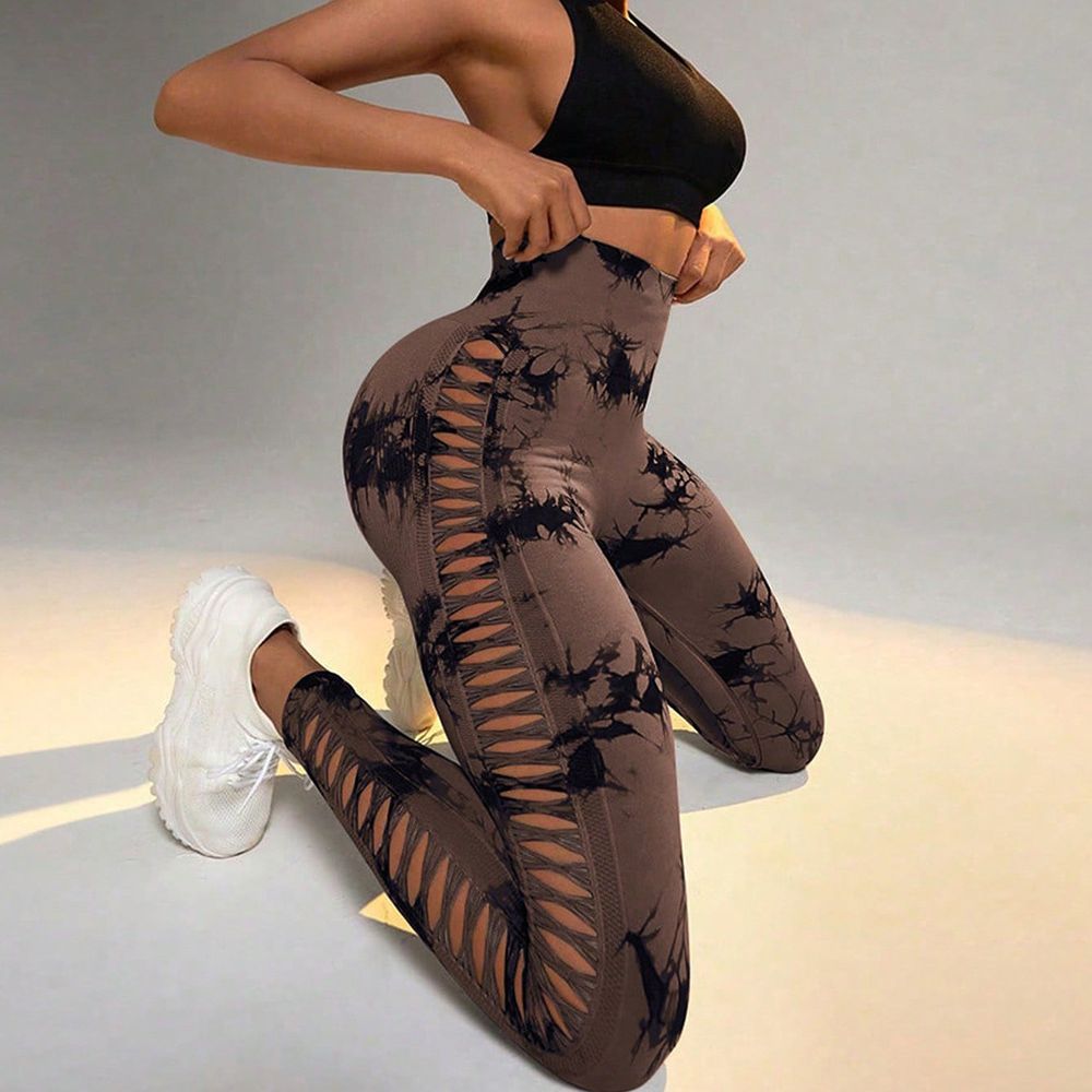 Upgraded tie-dye yoga pants, seamless hip lifting yoga pants with side hollows, seamless high-waisted sports leggings