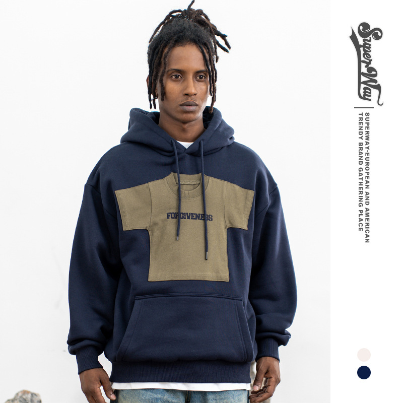 Ropa de hombre FGSS | Sudadera con capucha informal para parejas, forrada de lana, con diseño retro americano, estilo divertido y empalmado, nueva colección otoño-invierno 2025