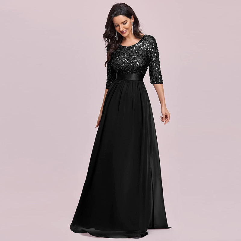 European and American sequined evening dress women's A- line round neck three-quarter sleeve bright super long dress slim strap fashion