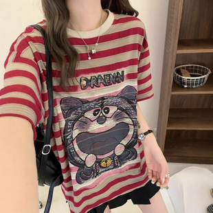 Striped Sweet Age-Reducing Non-Sense Printed plus size Short-Sleeved T-Shirt Women's Summer New Design Sense Fashionable Loose Top