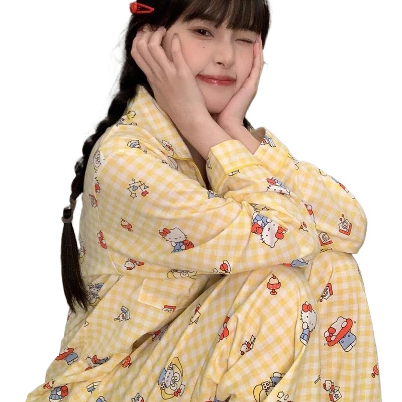 格子のハローキティのパジャマの女性春秋の新型の長袖のズボンの日系の漫画の部屋の服のスーツは外で着ることができます。|undefined