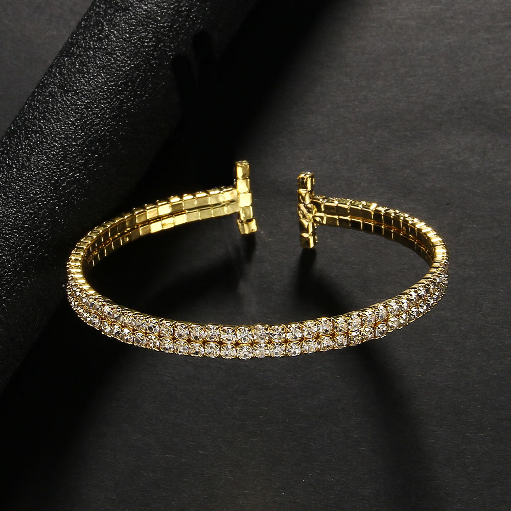 Moda simple diamante completo abierto pulsera europea y americana elegante doble fila rhinestone pulsera fiesta accesorios pulsera