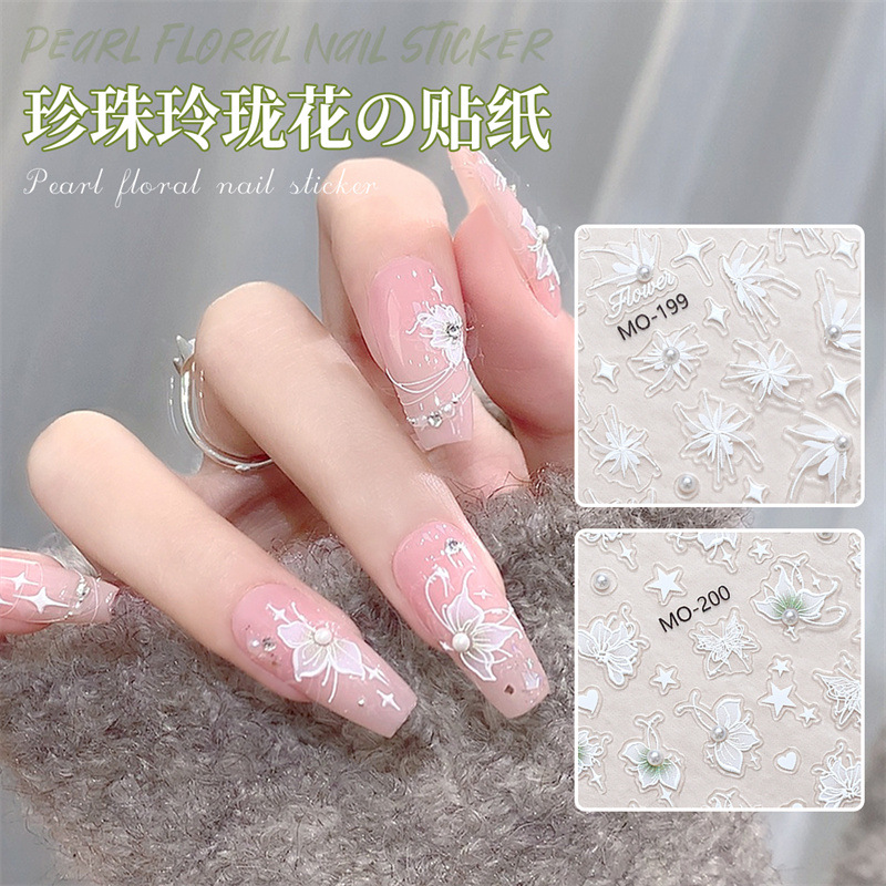 Red neta perla exquisita flor pegatinas de uñas diamante de cristal blanco mariposa pintada a mano pegatinas de uñas en relieve tridimensional con pegamento trasero