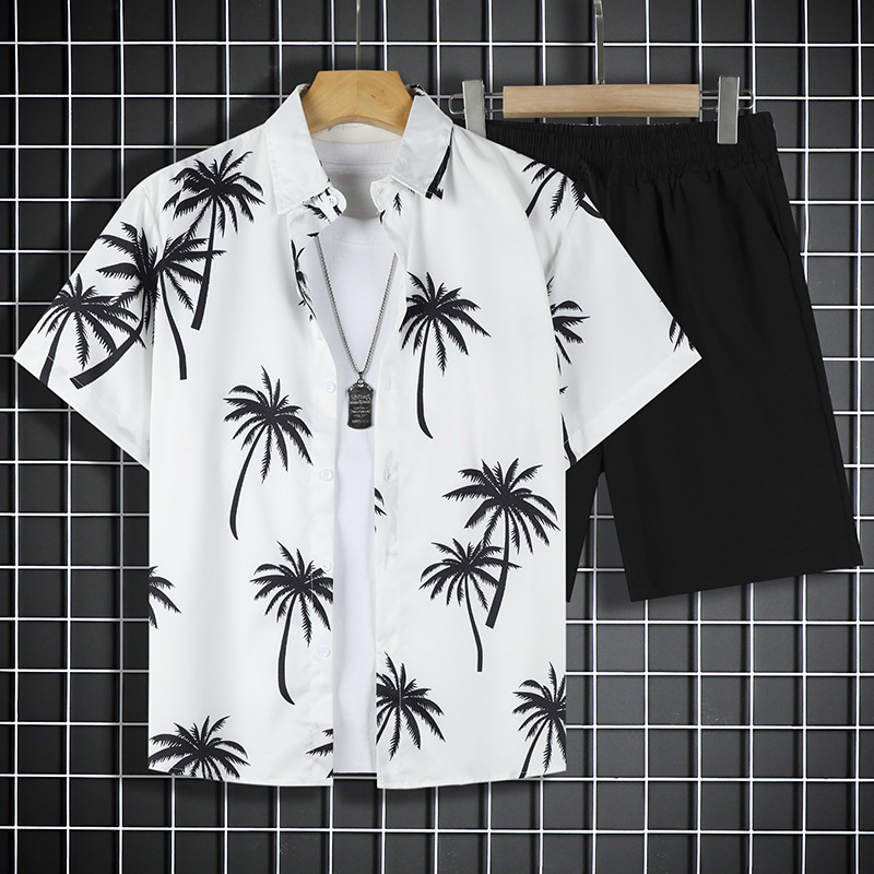 Summer Sanya Vacation Coconut Tree Print Short-Sleeved Shirt Suit Men's Beach Pants with Shirt Casual Two-Piece Suit for Men