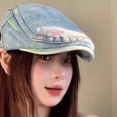 做旧水洗牛仔前进帽女2025年春新款显脸小反戴贝雷帽百搭报童帽子