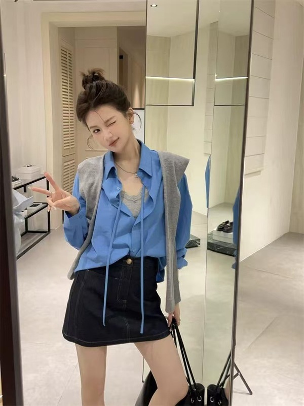 高品质~半岛序曲韩系极简纯色衬衫女秋冬新款宽松百搭上衣三件套|undefined
