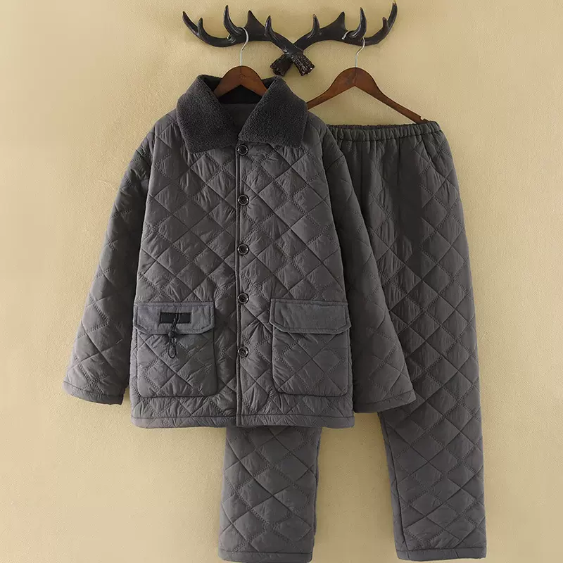 【防风防水】灰色夹棉睡衣男冬季三层加厚保暖冬天家居服套装