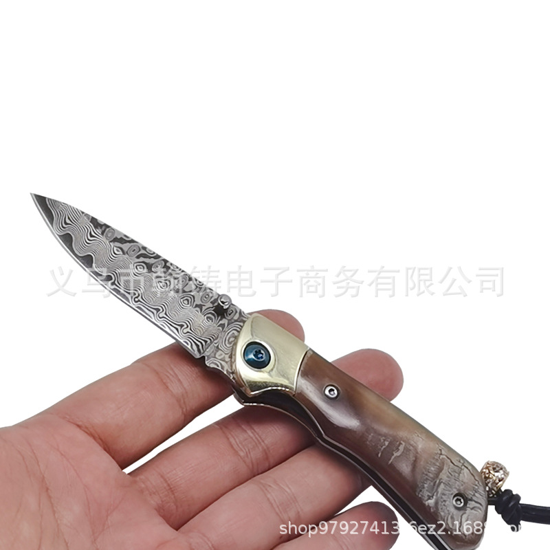厂家直供刀具大马士革小刀羊角手柄高硬度折刀刀折叠水果刀收藏刀