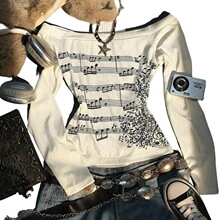 H 31853 Musical Note Print T-shirt ����ӡ��T�� ŷ���羳