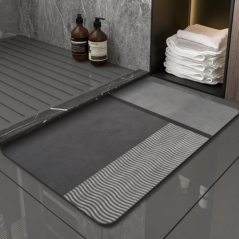 High-End Gray Geometric Diatomaceous Earth Absorbent Mat with Horizontal and Vertical Stripes and Wave Pattern, Bathroom Floor Mat, Non-Slip Soft Mat for Restroom