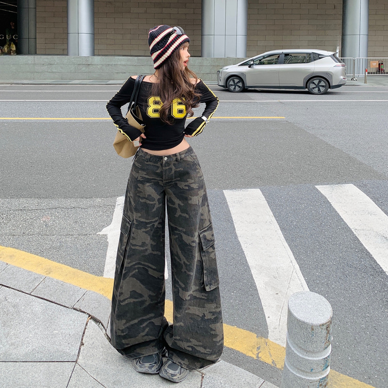 American Retro Low-Waist Camouflage Cargo Jeans for Women 2025 Autumn and Winter New Loose Slimming Wide-Leg Floor-Length Pants