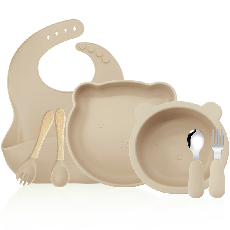 Oso vajilla traje de silicona para niños vajilla alimentación complementaria suministros para bebés 316 tenedor cuchara vajilla de grado alimenticio Tazón