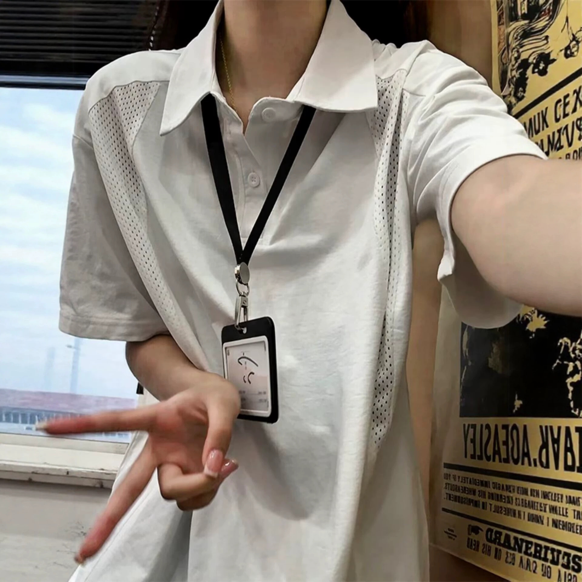白色短袖polo衫男女同款夏新款美式网眼透气运动T恤拼接正肩半袖
