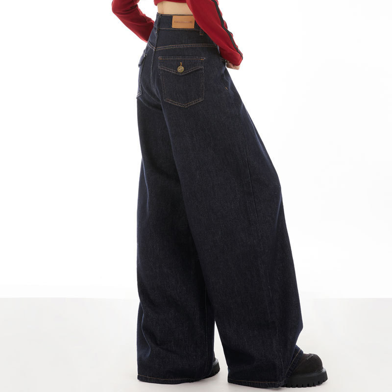 Dark Blue Drapedy Wide-Leg Jeans for Women in Spring American Low-Waisted Hip-Covering Loose Lazy Floor-Length Straight Casual Pants Dark Blue Drapedy Wide-Leg Jeans for Women in Spring American Low-Waisted Hip-Covering Loose Lazy Floor-Length Straight Casual Pants