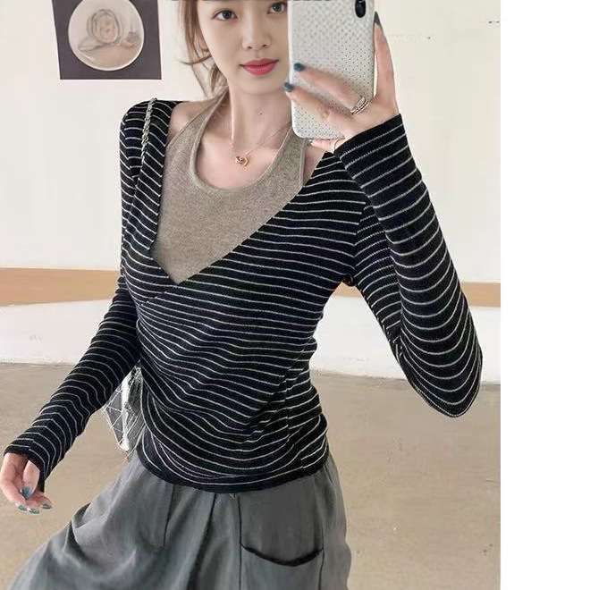 法式气质条纹挂脖假两件长袖针织衫女秋装新款慵懒高级感修身上衣|undefined
