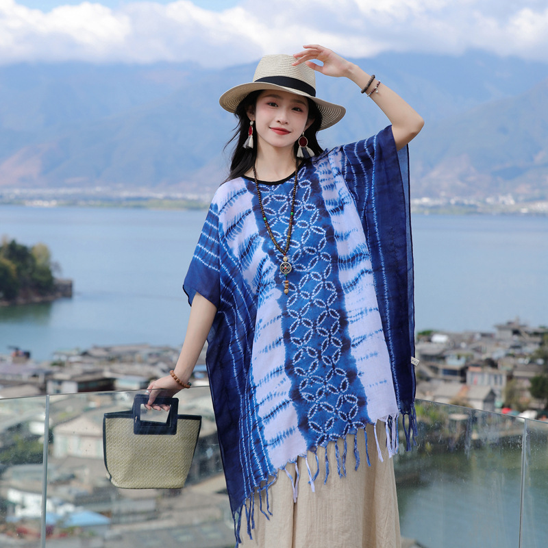 Primavera y verano estilo étnico bufanda teñida azul largo borla chal decorativo bufanda viaje protector solar Toalla de playa para las mujeres