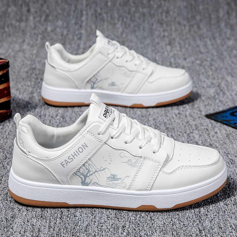 2024夏季休閒男鞋時尚板鞋軟底百搭皮面小白鞋印花潮鞋平底運動鞋
