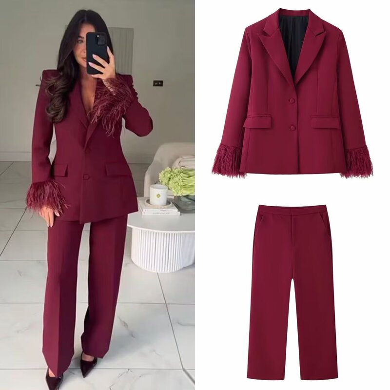 Keyi Cross-Border Supply 2025 Winter New European and American Style Feather Edge Slim Suit Jacket High Waist Straight Pants
