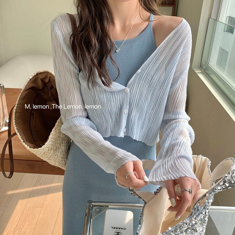 Blue Ice Silk Knitted Short Sun-Protective Cardigan for Women, Summer Thin Style, Suitable for Pairing with Dresses, Shawl Collar Air Conditioning Shirt, Small Cape Blue Ice Silk Knitted Short Sun-Protective Cardigan for Women, Summer Thin Style, Suitable for Pairing with Dresses, Shawl Collar Air Conditioning Shirt, Small Cape