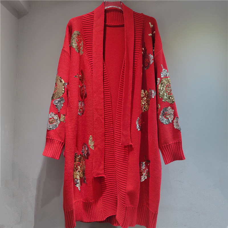 Diseño de bordado de cuentas, camiseta de punto de línea media y larga, suéter, abrigo, delgado, 2025 nueva mujer