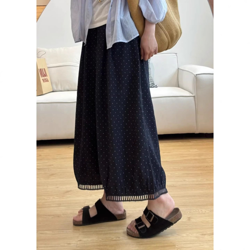 Spring and Summer Thin Maternity Polka Dot Hollow-Out Wide-Leg Pants with Drawstring Waist, Lazy Style, Sweet Design, Linen Cropped Casual Pants Spring and Summer Thin Maternity Polka Dot Hollow-Out Wide-Leg Pants with Drawstring Waist, Lazy Style, Sweet Design, Linen Cropped Casual Pants