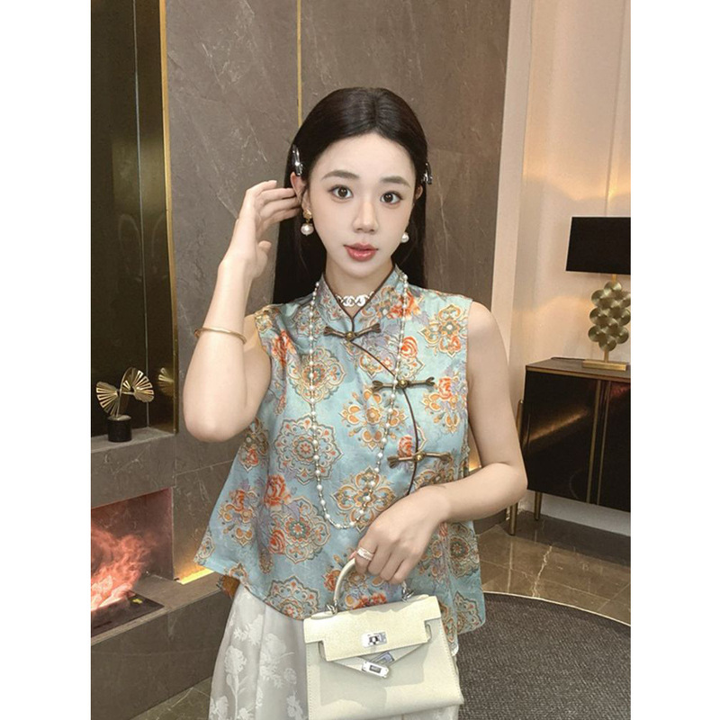 新しい中国風のカジュアルで多用途なスリムトップ、ファッショナブルな2025夏の新しい国民風の女性用薄いベストトップ|undefined