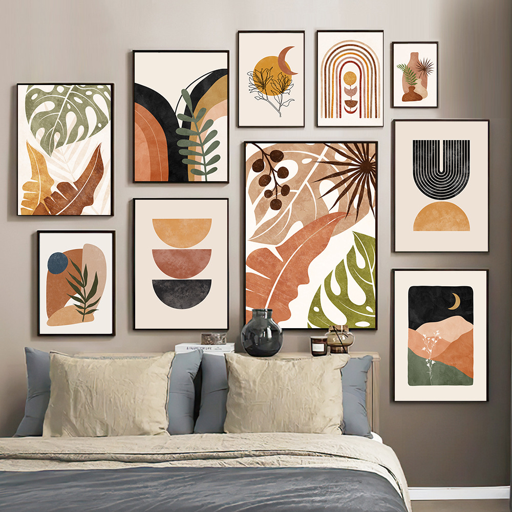 Bohemian abstract sun and moon geometric lines Monstera leaves living room bedroom decoration canvas painting core hanging painting