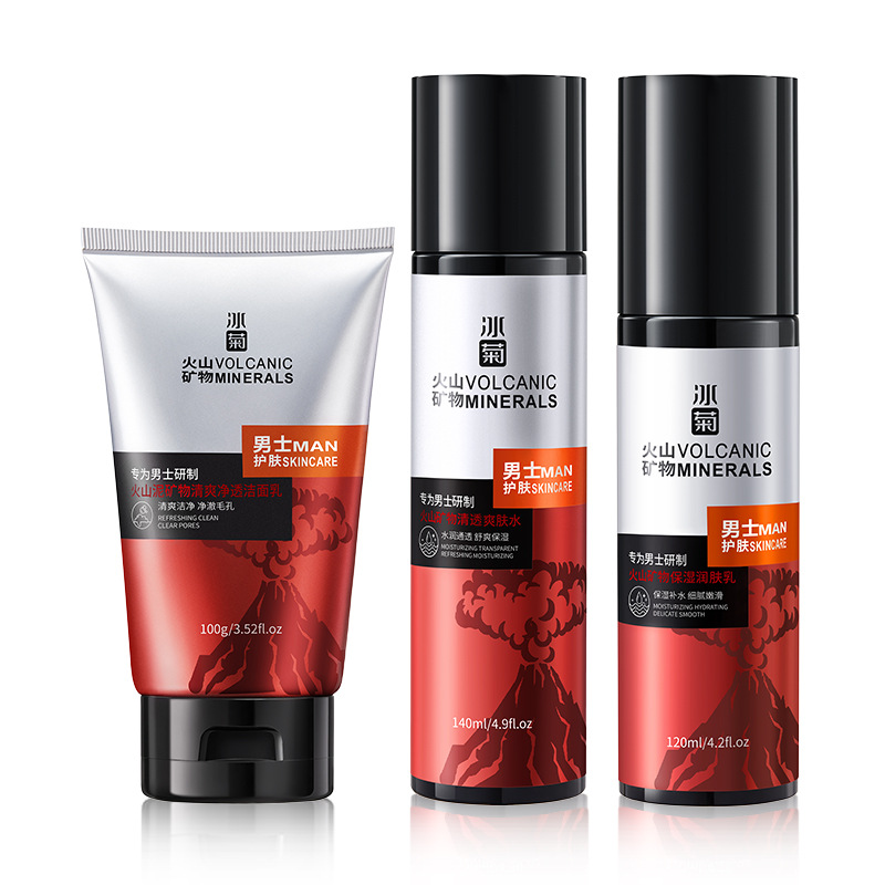 Ice Chrysanthemum Volcano Mineral Oil Control Men's Skin Care Set Water Rehydrating Pore Shrinking Facial Cleanser Toner for Hair