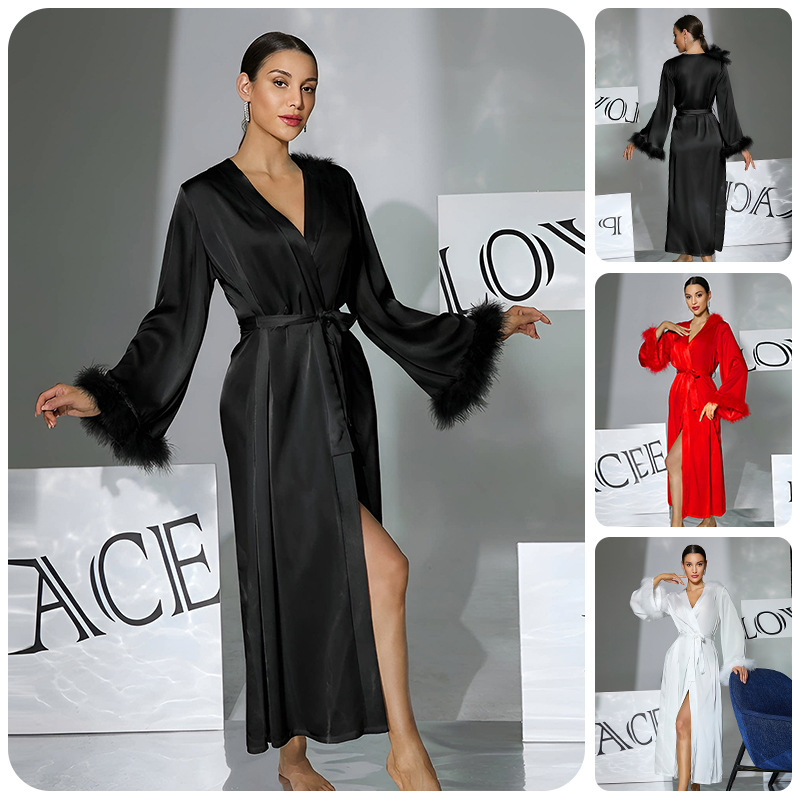 Foreign Trade Style Light Luxury Satin Robe with Furry Cuffs, Long Lace-Up Bathrobe, Women's Loungewear, Available in Multiple Colors 1141