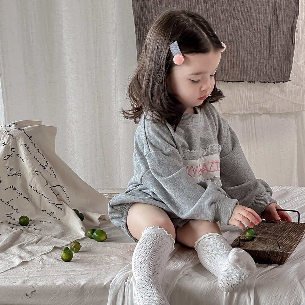 Ropa para niños coreanos, niñas, ropa de una pieza de encaje de estilo occidental, mameluco suelto, ropa de salida, ropa de manga larga para bebés femeninos