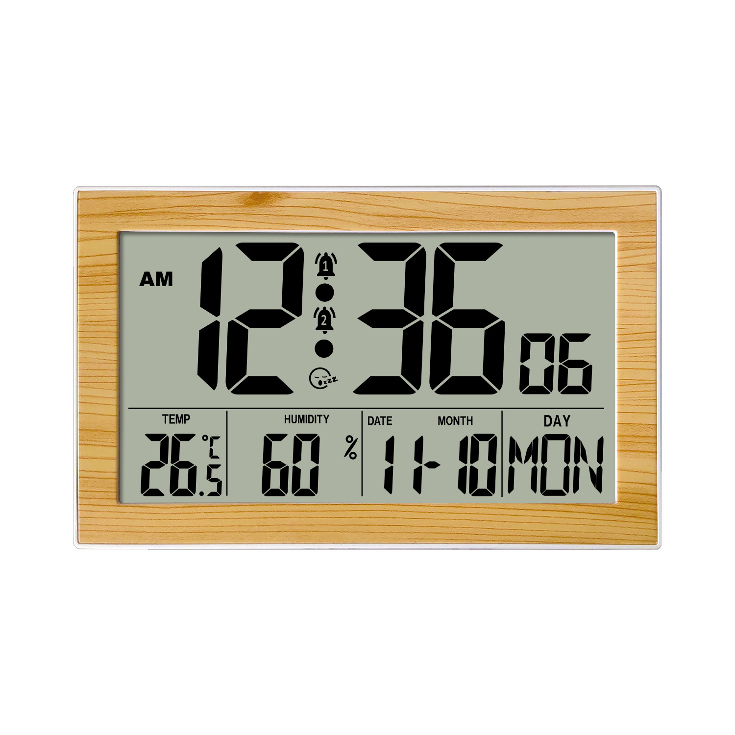 Reloj de pared transfronterizo con acabado de madera para sala de estar y dormitorio, con pantalla digital LCD de alta definición, reloj despertador multifuncional con calendario perpetuo, temperatura y humedad