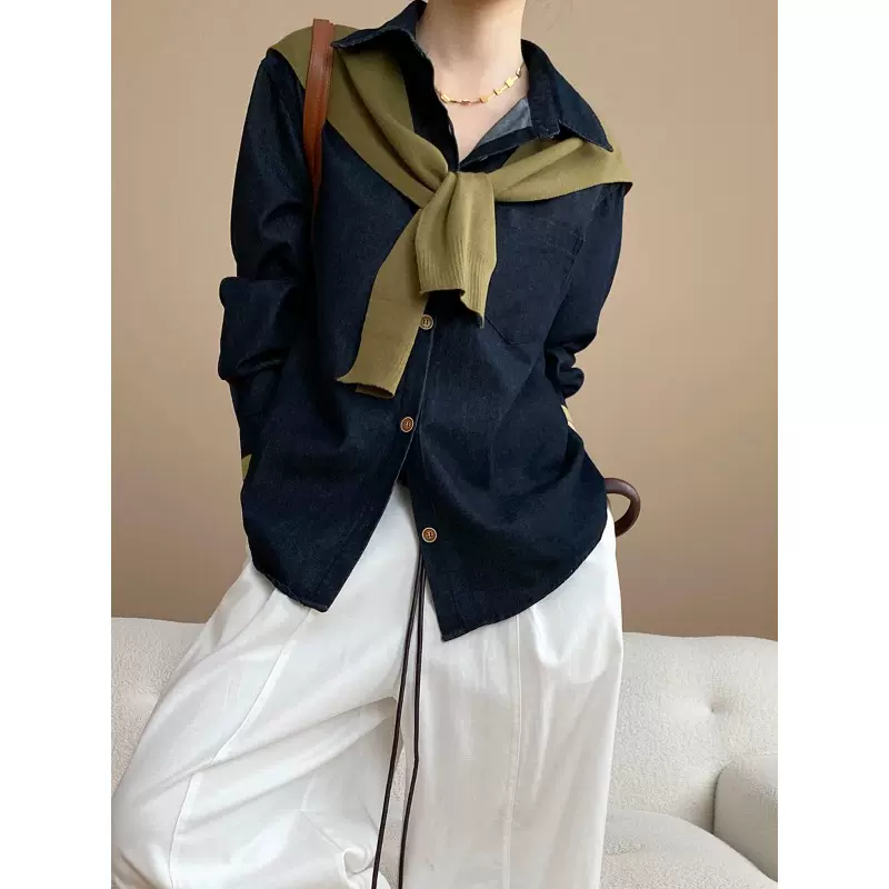 司南 时髦博主风 美式复古牛仔衬衫+撞色针织披肩两件套 SN7992