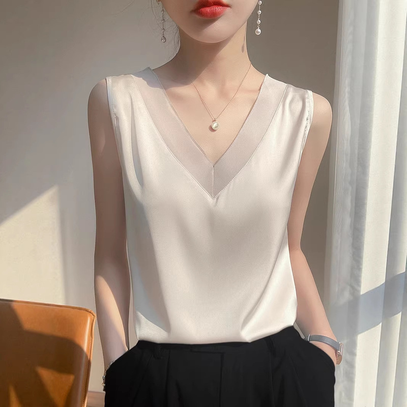 Cross-Border 2025 Ice Silk Camisole Women's V-Neck Vest for Layering under Suits, New Summer Mesh Base Shirt Top for Women Cross-Border 2025 Ice Silk Camisole Women's V-Neck Vest for Layering under Suits, New Summer Mesh Base Shirt Top for Women