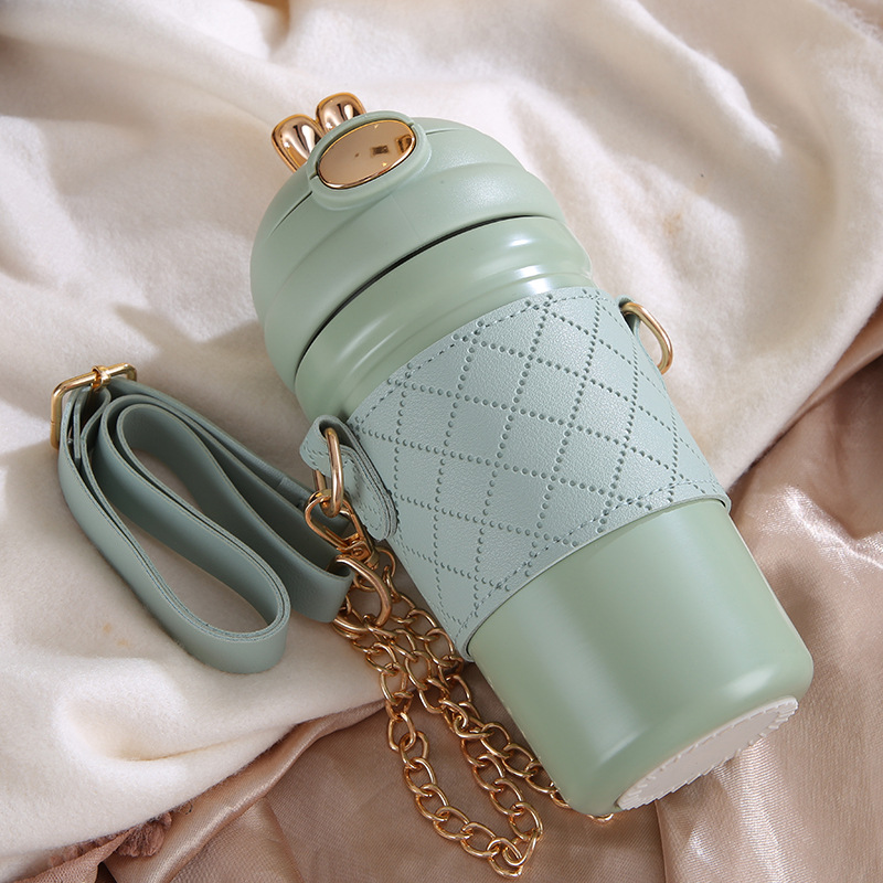 Moda lindo conejo rebote paja taza 304 Acero inoxidable taza de vacío de las mujeres portátil crossbody conejo taza de agua al por mayor