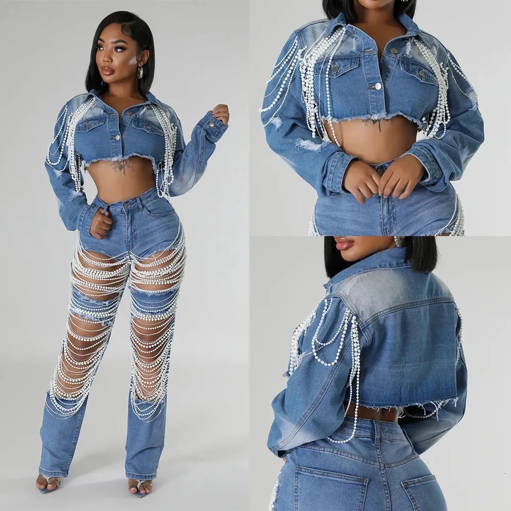 Women's Denim Jacket With Pearl Embellishments Vintage Style_voghion.com