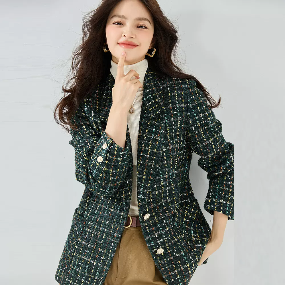 盛宏春新款花纱亮丝深绿色气质通勤小西服气质外套上衣女12238