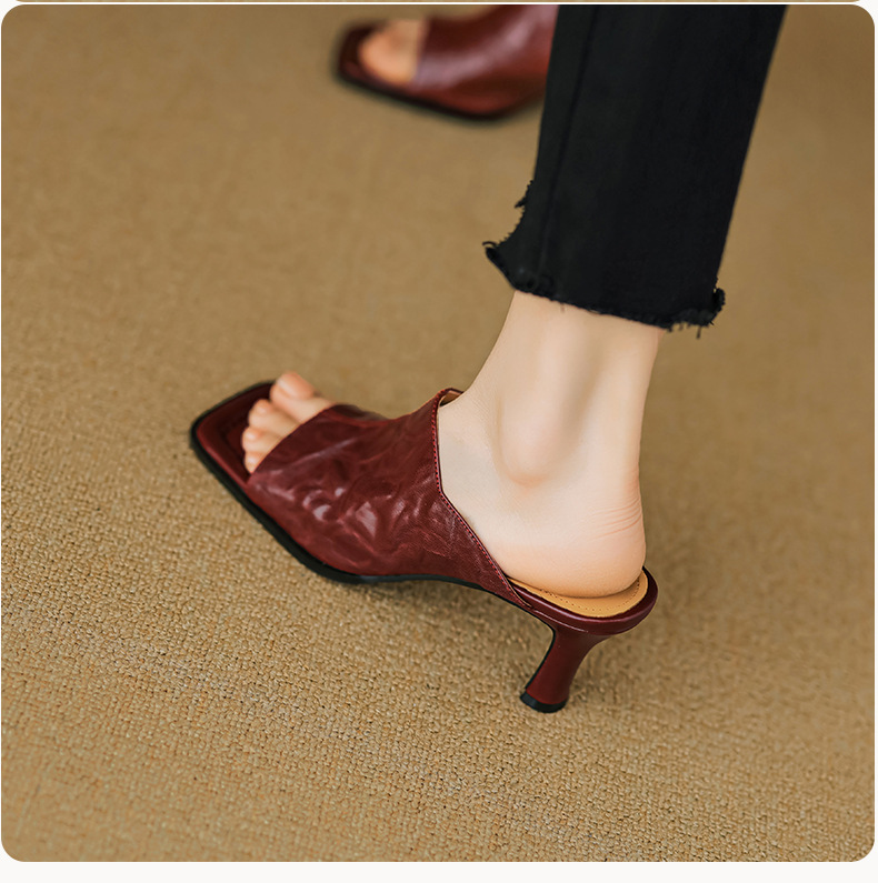 Sandal cao gót nữ hở mũi quai ngang da dê gót 7 cm kiểu Hàn Quốc — đen chi tiết 8
