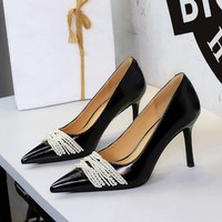 2627-9 European and American style banquet high-heeled shoes, women's pearl versatile main wedding dress and wedding shoes, temperament slim heel pointed single shoes