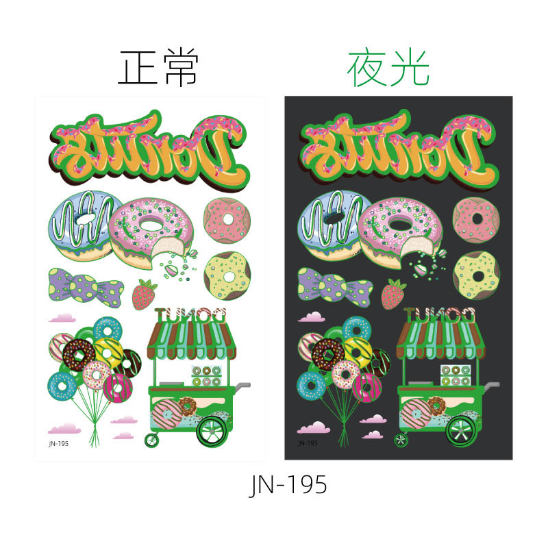 Respetuoso del medio ambiente impermeable de larga duración luminoso lindo donut niños tatuaje pegatinas luminoso postre fantasía tatuaje pegatinas