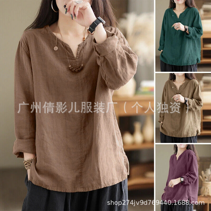 Cross-Border Literary Retro Cotton Shirt 2025 Spring and Autumn Women's Casual Loose V Neck Long-Sleeved Slit Shirt