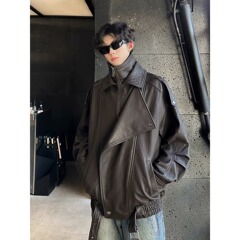 厂家直销翻领廓版机车皮衣男秋冬休闲宽松高级感男夹克外套潮