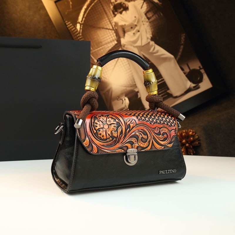 Túi đeo chéo nữ da thật họa tiết hoa nổi phong cách vintage — màu nâu, Màu xanh đậm, màu đỏ, màu xám