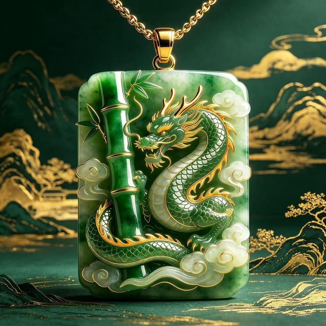 Exclusive cross-border supply of double-sided auspicious green dragon pendant necklace with melon seed chain, light luxury and elegant Chinese-style pendant
