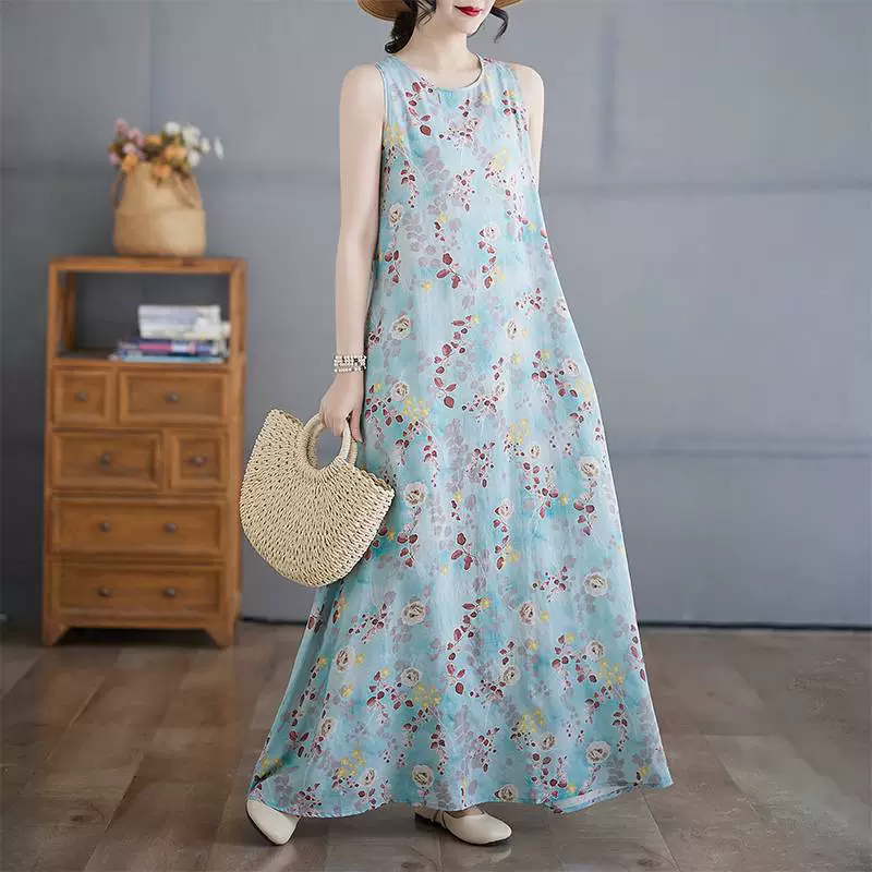 2025 реальный выстрел новая богемная длинная юбка летнее новое жирное платье без рукавов с круглым вырезом