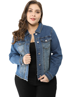 2025 Cross-Border New European and American Women's Large Size Classic Washed Frontier Pleated Denim Jacket