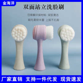 跨境专供麦秸秆站立清洁脸刷可降解材料+pp手柄尼龙毛双面洗脸刷