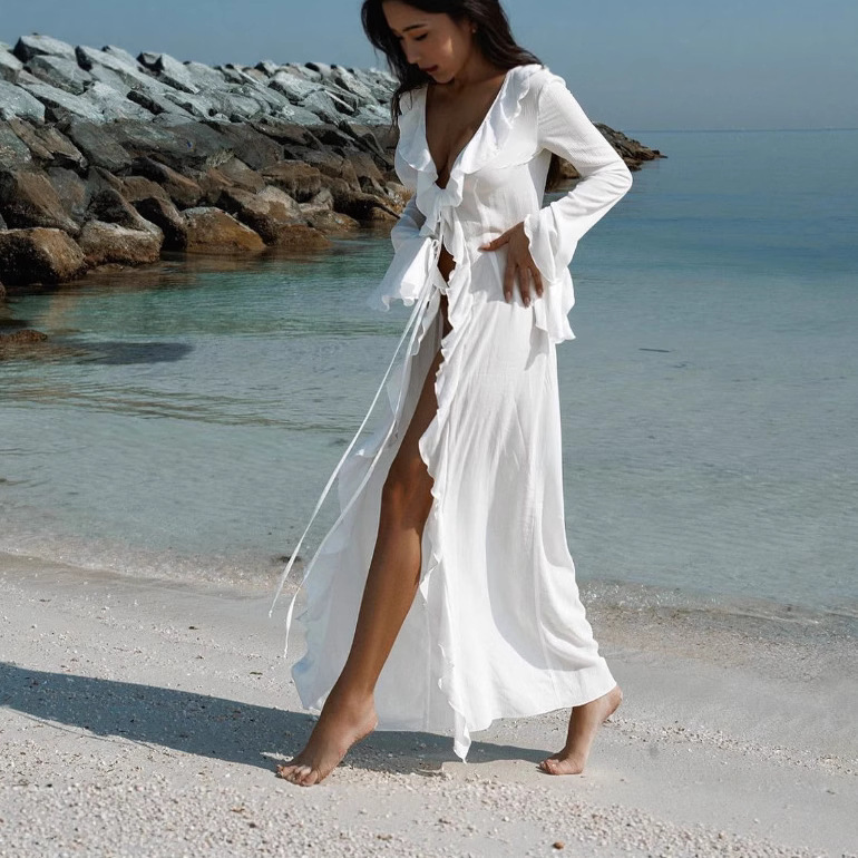 Amazon European and American Vacation Seaside Long-Sleeved Lace Cardigan Beach Dress Bikini Sun Protection Cover-Up Dress Wholesale