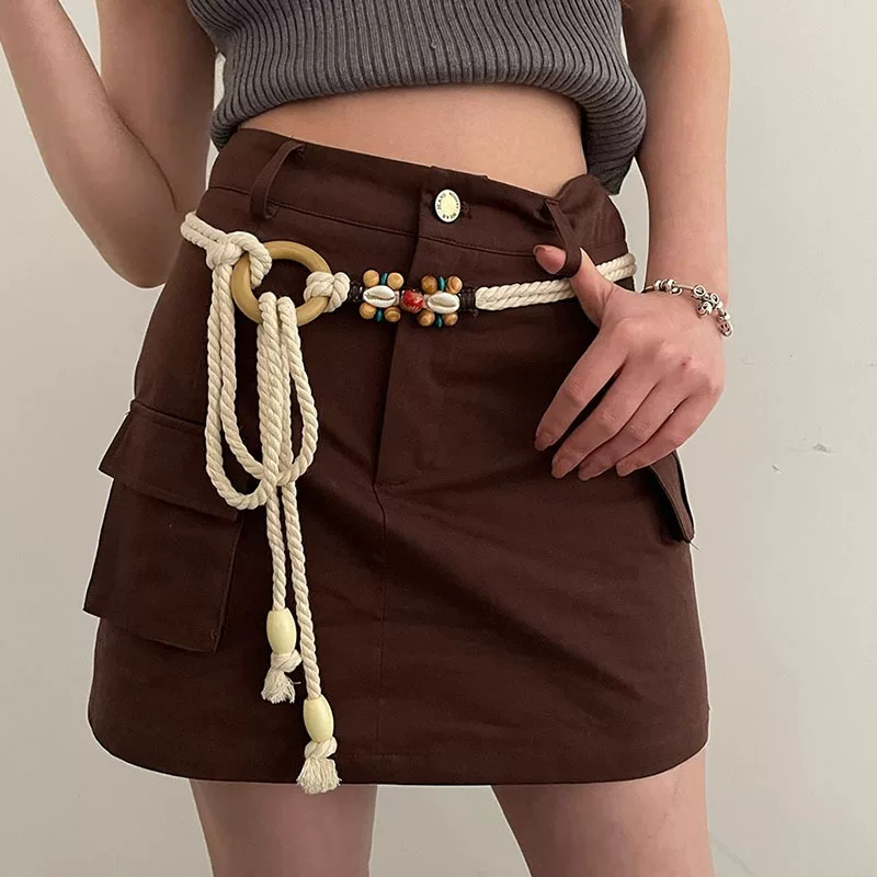 Бежевая переплетенная универсальная поясная цепь? belt, brace, trousers, boho style