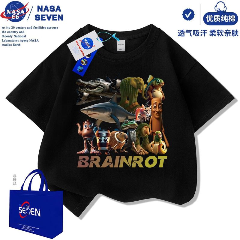 NASA 外山海経サメ忍者半袖ボーイズ 2025 新しいウッドスティックマンピュアコットン Tシャツ中大型子供用トップ|undefined