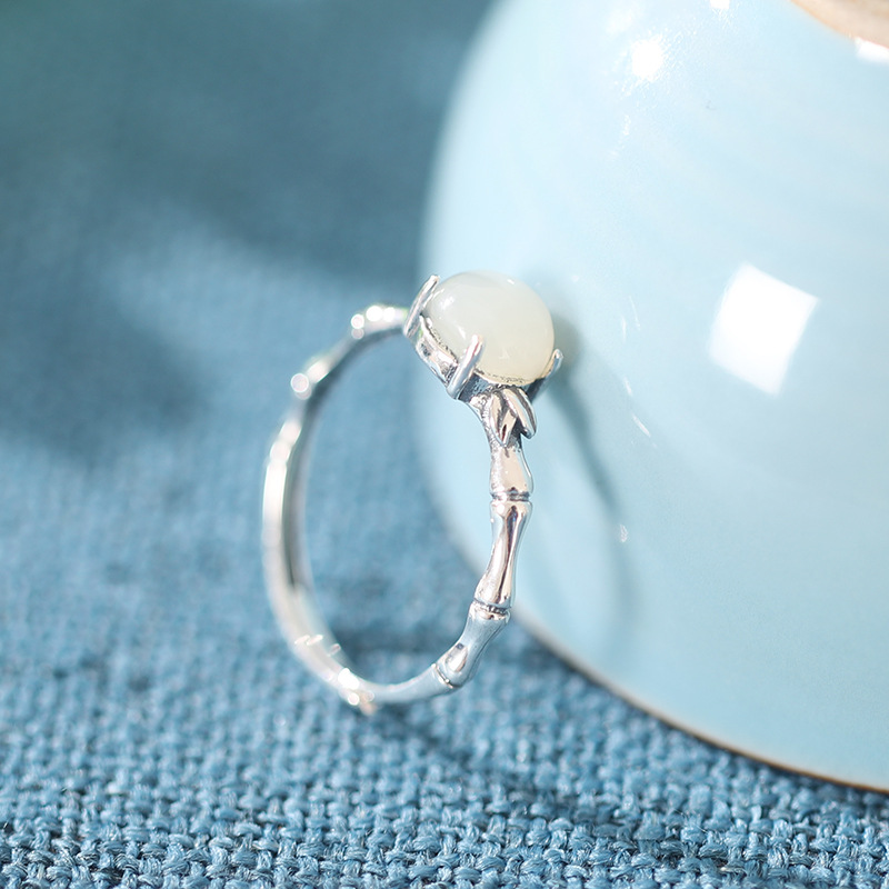 Small egg noodle bamboo knot Hetian jade 925 sterling silver ring